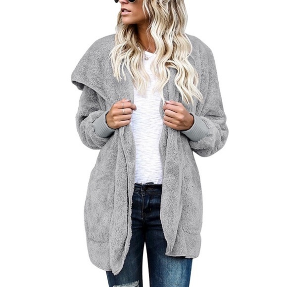 RESTOCKED Gray Fuzzy Hooded Cardigan - Picture 2 of 6